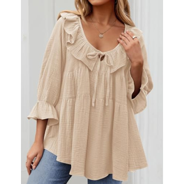 ZESICA Women's Scoop Neck Tie Front Ruffle Tunic Shirt