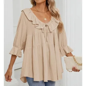 ZESICA Women's Scoop Neck Tie Front Ruffle Tunic Shirt