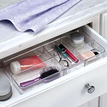 iDesign Rain Plastic Divided Vanity Organizer, Storage Tray for Cosmetics, Makeup, and Accessories on Vanity, Countertop, Bathroom, or Cabinet, 5 Compartments, 5 Compartments, Clear