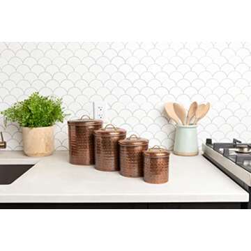 Old Dutch 1843 Hammered Canister Set of 4. Sizes are 4QT, 2QT, 1 1/2QT and 1QT. Finished in Antique Copper.