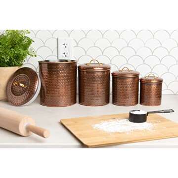 Old Dutch 1843 Hammered Canister Set of 4. Sizes are 4QT, 2QT, 1 1/2QT and 1QT. Finished in Antique Copper.