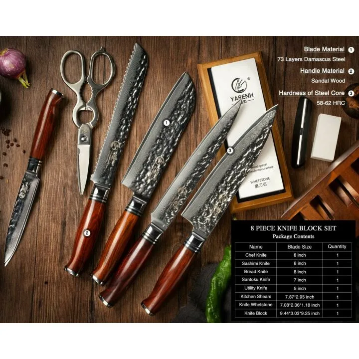 YARENH 8 Piece Professional Damascus Knife Set