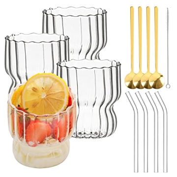 YumSur Vintage Ripple Glasses Set for Iced Coffee & Juice