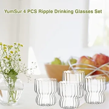 YumSur Vintage Ripple Glasses Set for Iced Coffee & Juice
