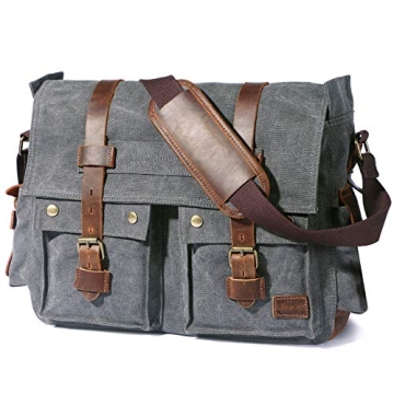 Lifewit 17.3" Men's Messenger Bag Vintage Canvas Leather Military Shoulder Laptop Bags, Grey