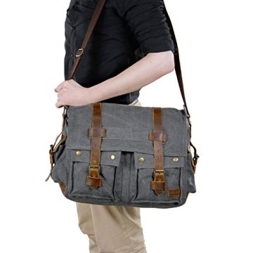 Lifewit 17.3" Men's Messenger Bag Vintage Canvas Leather Military Shoulder Laptop Bags, Grey