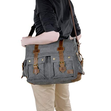Lifewit 17.3" Men's Messenger Bag Vintage Canvas Leather Military Shoulder Laptop Bags, Grey