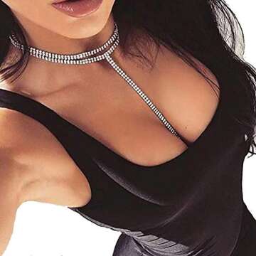 Sexy Rhinestone Body Chain with Multi-layered Long Choker Necklaces Rhinestone Jewelry Necklace Chains Crystal Body Chain for Women Party Body Jewelry
