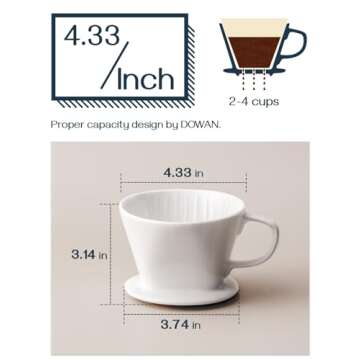 DOWAN Pour Over Coffee Maker, Non-Electric Pour Over Coffee Dripper, Manual Brew Maker, Single Cups Porcelain Slow Brewing Accessories for Gifts,White
