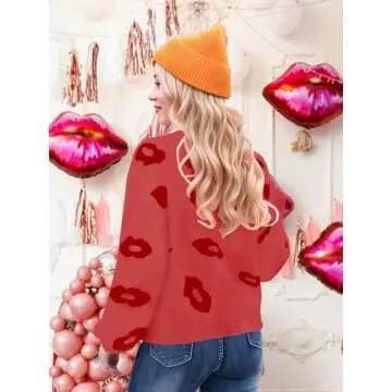 Virmoku Valentines Heart Sweater for Women Lip Valentines Gifts for Her Cute Lips Long Sleeve Crewneck Casual Pullover Tops Watermelon Red