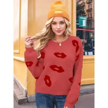 Virmoku Valentines Heart Sweater for Women Lip Valentines Gifts for Her Cute Lips Long Sleeve Crewneck Casual Pullover Tops Watermelon Red