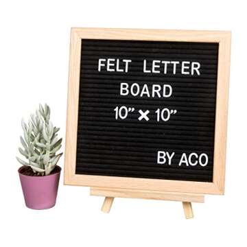 ACO Premium Solid Oak Framed Felt Changeable Letter Board 10 x 10, with Free Canvas Bag, 340 Characters, Emojis, Numbers & Punctuation, Wall Mounting Hook, Wooden Stand, and Cutting Scissors!