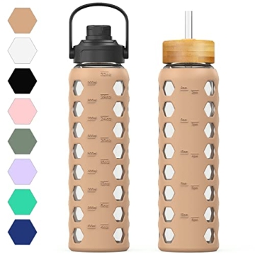 MUKOKO 32oz Glass Water Bottles with 2 Lids-Handle Spout Lid&Bamboo Straw Lid, Motivational Water Tu...