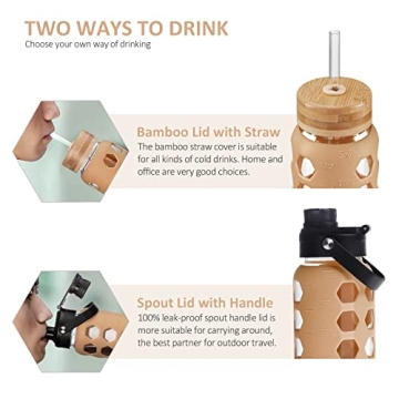 MUKOKO 32oz Glass Water Bottle with Two Lids System