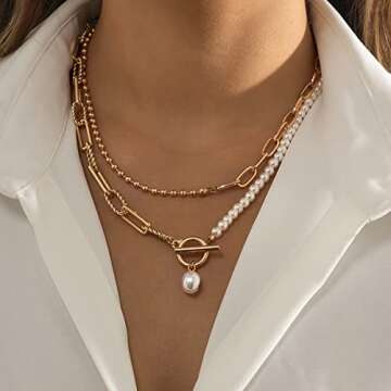 WZNBBOY Gold Layered Baroque Pearl Necklace with OT Clasp Vintage Chunky Paper Clip Pearl Necklac St...