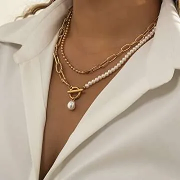 WZNBBOY Gold Layered Baroque Pearl Necklace for Women
