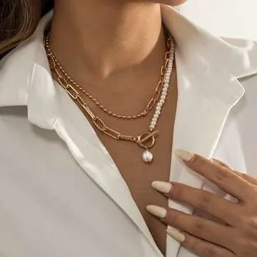WZNBBOY Gold Layered Baroque Pearl Necklace for Women