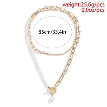 WZNBBOY Gold Layered Baroque Pearl Necklace with OT Clasp Vintage Chunky Paper Clip Pearl Necklac Stacking Ball Beaded Link Chain Pearl Chain Charm Necklace for Women Teens Girls