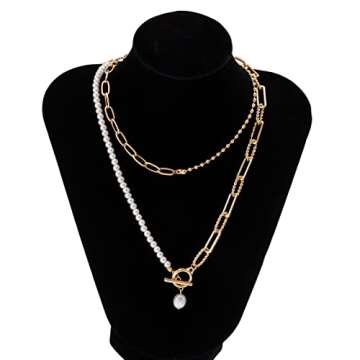WZNBBOY Gold Layered Baroque Pearl Necklace with OT Clasp Vintage Chunky Paper Clip Pearl Necklac Stacking Ball Beaded Link Chain Pearl Chain Charm Necklace for Women Teens Girls