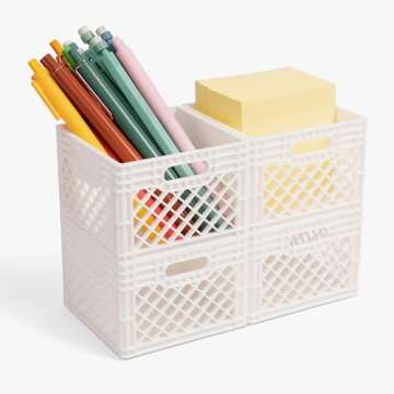 Mini Storage Crates-Small Stackable Baskets/Colorful Bin/Plastic Locker Organizer, Cute Decor/ Office Organization-Pack of 4-3.8 x 3.79 x 2.5" White