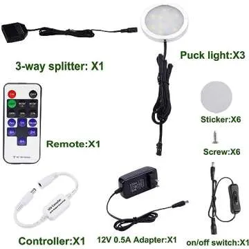 AIBOO Dimmable LED Under Cabinet Puck Lights 3 Lamps Kit with RF Remote Control for Home Kitchen Cou...