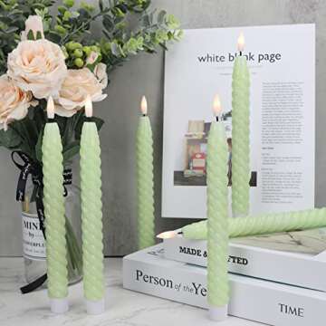 Lasumora Green Flameless Taper Candles Flickering with 10-Key Remote, Battery Operated Warm 3D Wick LED Spiral Window Candles 6 Pack 9.8" Real Wax Wedding Home Birthday Christmas Spring Easter Decor