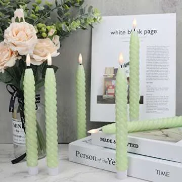 Lasumora Green Flameless Taper Candles Flickering with 10-Key Remote, Battery Operated Warm 3D Wick LED Spiral Window Candles 6 Pack 9.8" Real Wax Wedding Home Birthday Christmas Spring Easter Decor