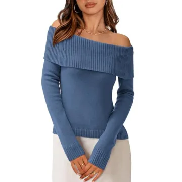 PRETTYGARDEN Women's Fall Off Shoulder Sweaters Y2K Long Sleeve Ribbed Knit Fitted Pullover Winter D...