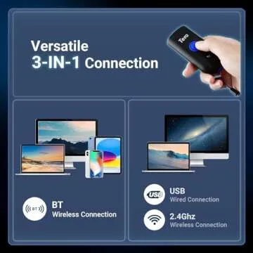 Tera 1D Bluetooth Mini Barcode Scanner, 3-in-1 Bluetooth & USB Wired & 2.4G Wireless Laser 1D Bar Code Reader, Portable Barcode Scanner Work with iOS, Windows, Android, for Tablet or Computer, 5200C