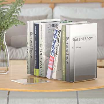 Bookend, DRLIFE Clear Acrylic Bookends for Shelves, Book End, Book Stopper for Heavy Duty Books, CDs, Video Games (1 Pair/2 Pieces)