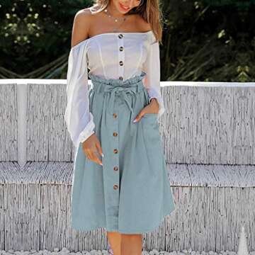 Hemlock Office Skirt Dress, Women Stretchy Waist A Line Drawstring Dress (M, Blue)