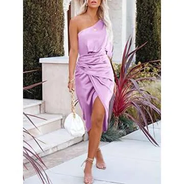 ANRABESS Women Satin One Shoulder Short Sleeve Ruched Bodycon Cocktail Party Elegant Wedding Guest Evening Night Midi Dress Purple X-Large
