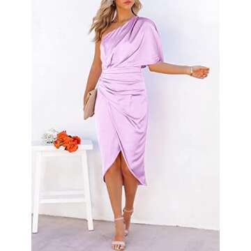 ANRABESS Women Satin One Shoulder Short Sleeve Ruched Bodycon Cocktail Party Elegant Wedding Guest Evening Night Midi Dress Purple X-Large