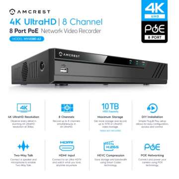 Amcrest 4K POE Security Camera System with 4K 8Ch PoE NVR (4) x 4K (8 Megapixel) Turret IP POE Cameras (3840x2160) Pre Installed 2TB Hard Drive NV4108E-IP8M-T2599EW4-2TB