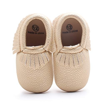 DELEBAO Unisex Baby Soft Sole Tassels Crib Shoes Moccasins Loafers Suede Leather Soles 12-18 Months Toddler, Gold