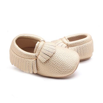 DELEBAO Unisex Baby Soft Sole Tassels Crib Shoes Moccasins Loafers Suede Leather Soles 12-18 Months Toddler, Gold