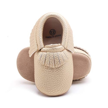 DELEBAO Unisex Baby Soft Sole Tassels Crib Shoes Moccasins Loafers Suede Leather Soles 12-18 Months Toddler, Gold