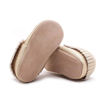 DELEBAO Unisex Baby Soft Sole Tassels Crib Shoes Moccasins Loafers Suede Leather Soles 12-18 Months Toddler, Gold