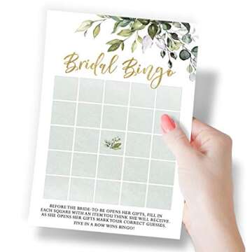 Printed Party Bridal Shower Games – Bingo Game with Blank Squares to Guess The Bride’s Gifts, Fun Wedding Shower Activity, Botanical Eucalyptus Theme, 50 Guests