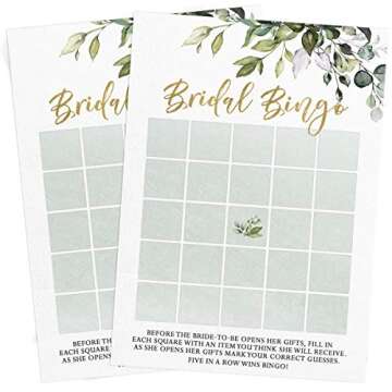 Printed Party Bridal Shower Games – Bingo Game with Blank Squares to Guess The Bride’s Gifts, Fun Wedding Shower Activity, Botanical Eucalyptus Theme, 50 Guests