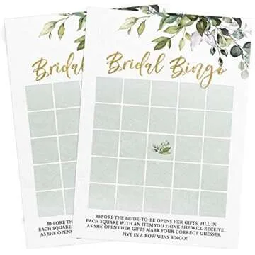 Printed Party Bridal Shower Games – Bingo Game with Blank Squares to Guess The Bride’s Gifts, Fun Wedding Shower Activity, Botanical Eucalyptus Theme, 50 Guests