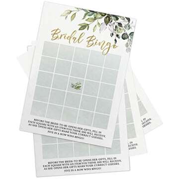 Printed Party Bridal Shower Games – Bingo Game with Blank Squares to Guess The Bride’s Gifts, Fun Wedding Shower Activity, Botanical Eucalyptus Theme, 50 Guests