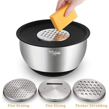 Wildone Mixing Bowls with Lids Set, 5PCS Stainless Steel Nesting Bowls with 3 Grater Attachments, Measurement Marks & Non-Slip Bottoms, Size 5, 3, 2, 1.5, 0.63 QT, Great for Mixing & Serving
