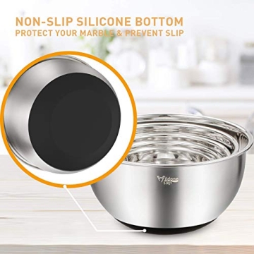 Wildone Mixing Bowls with Lids Set, 5PCS Stainless Steel Nesting Bowls with 3 Grater Attachments, Measurement Marks & Non-Slip Bottoms, Size 5, 3, 2, 1.5, 0.63 QT, Great for Mixing & Serving