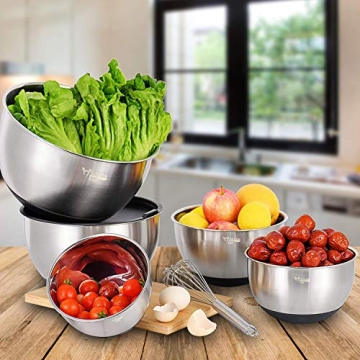 Wildone Mixing Bowls with Lids Set, 5PCS Stainless Steel Nesting Bowls with 3 Grater Attachments, Measurement Marks & Non-Slip Bottoms, Size 5, 3, 2, 1.5, 0.63 QT, Great for Mixing & Serving