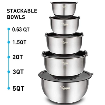 Wildone Mixing Bowls with Lids Set, 5PCS Stainless Steel Nesting Bowls with 3 Grater Attachments, Measurement Marks & Non-Slip Bottoms, Size 5, 3, 2, 1.5, 0.63 QT, Great for Mixing & Serving