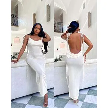 Doweha Women Backless Cowl Neck Cocktail Dress Halter Slip Long Semi Formal Party Wedding Guest 2025 Spring Summer Maxi Dress White S