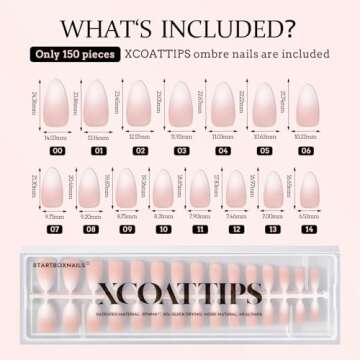 BTArtboxnails XCOATTIPS Ombre Nails - Press on Nails Medium, 150Pcs 15 Sizes Nail Tips Almond Shape, Soft Gel Nails False Nail, Soak Off Acrylic Fake Nails Extensions