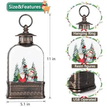 Eyrosa Christmas Snow Globe, Gnome Snow Globe Glitter Lighted with Music, Musical Christmas Decorations USB and Battery Operated Lantern, Christmas Decor for Home