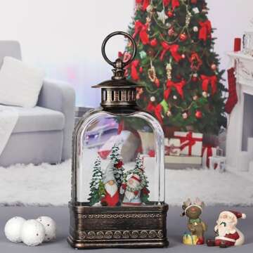 Eyrosa Christmas Snow Globe, Gnome Snow Globe Glitter Lighted with Music, Musical Christmas Decorations USB and Battery Operated Lantern, Christmas Decor for Home